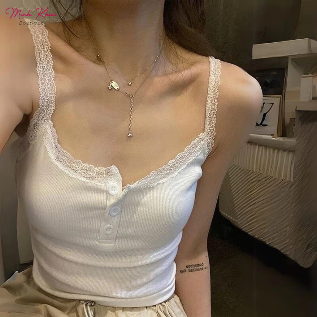 [Mở Bán] Áo Hai Dây Ren Cài Nút Chất Thun Gân Kiểu Sexy Áo Thun Phối Ren Khuy Croptop Ôm Body CR19 Minh Khuê Boutique