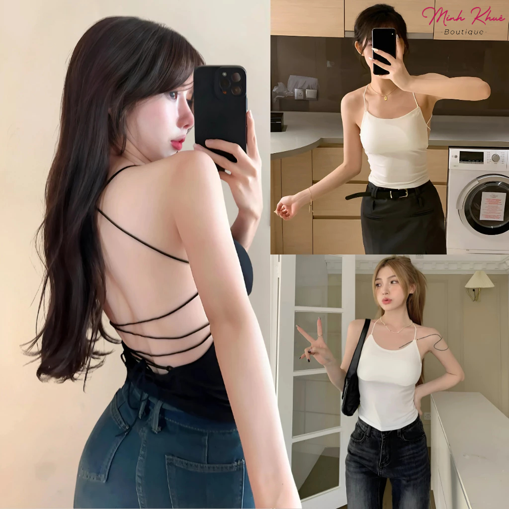 [Mở Bán] Áo Thun Croptop Hai Dây Đan Dây Lưng Có Mút Ngực CR20 2d Ôm Body Thun Gân Co Giãn Tôn Dáng Minh Khuê Boutique