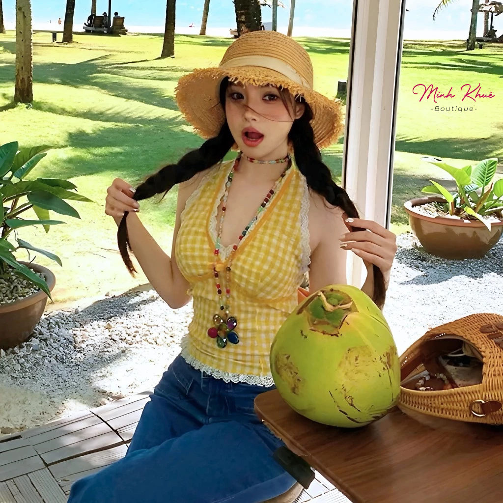 [Mở Bán] Áo Croptop Yếm Caro Phối Viền Ren Đính Nơ To Chất Thun Kate Kiểu Dáng Ôm Body Sexy CR63 Minh Khuê Boutique