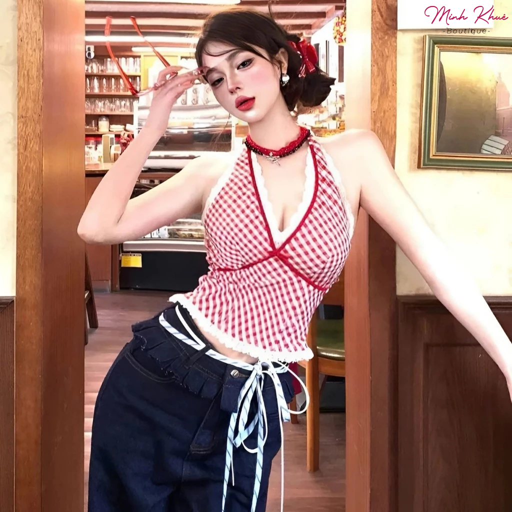 [Mở Bán] Áo Croptop Yếm Caro Phối Viền Ren Đính Nơ To Chất Thun Kate Kiểu Dáng Ôm Body Sexy CR63 Minh Khuê Boutique