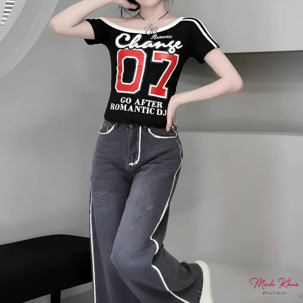 [Mở Bán] Áo Croptop Lệch Vai Change 07 Chất Thun Borip Kiểu Dáng Trễ Vai In Hình Cá Tính CR133 Minh Khuê Boutique