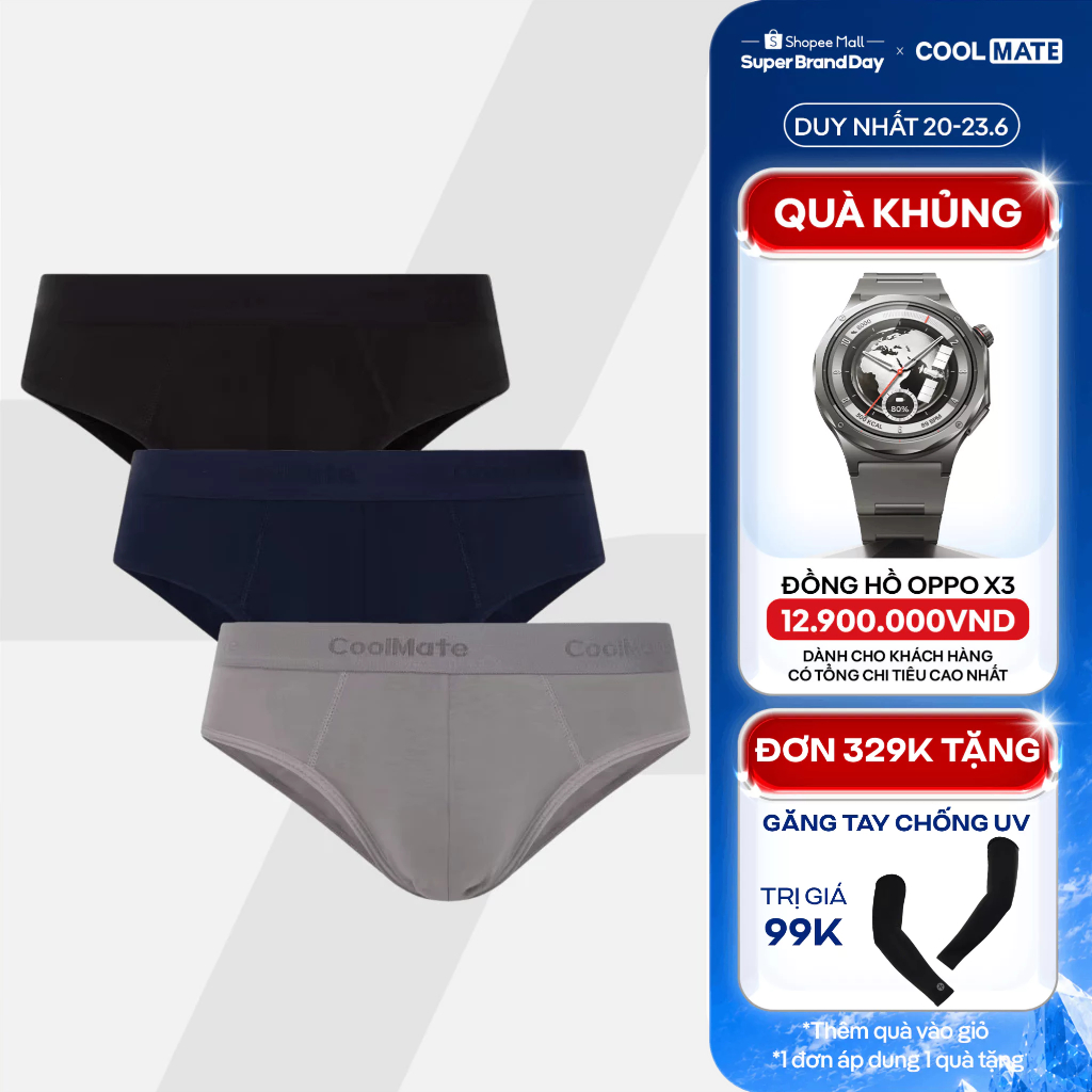 [TẶNG QUÀ ĐƠN 329K]Combo 3 quần lót sịp tam giác Cotton đen, xám, xanh ghi Coolmate TGDXXg