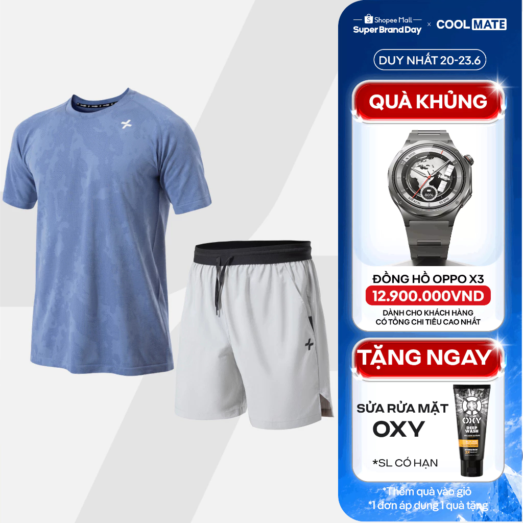 [TẶNG SRM OXY]Set thể thao nam Áo thun Jacquard Seamless + Quần short 6icnh đai siêu co giãn, thoáng khí Coolmate