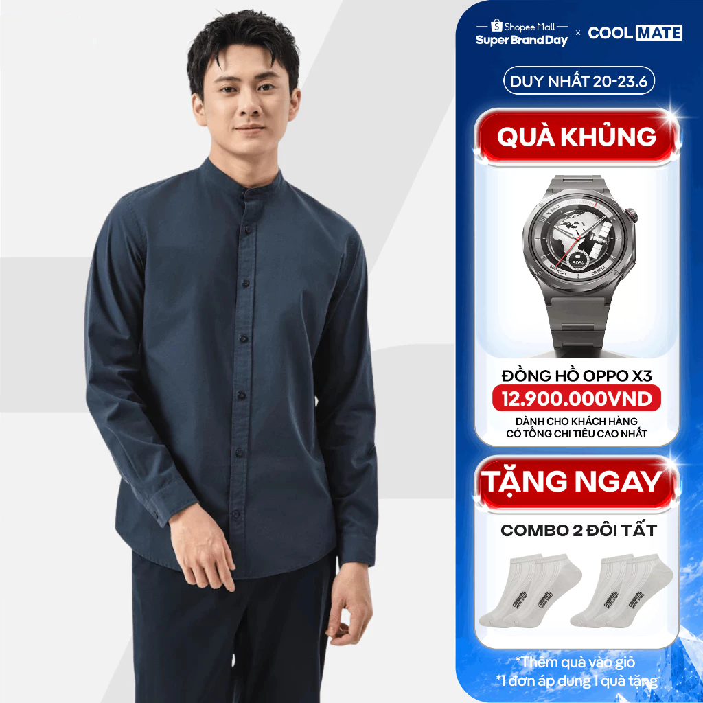 [TẶNG COMBO 2 TẤT]Áo sơ mi nam dài tay cổ tàu Premium Poplin thoáng khí không xù lông Coolmate