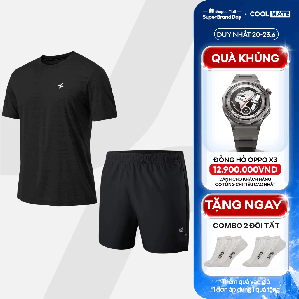[TẶNG COMBO 2 TẤT]Set GYM Áo thun thể thao Melange Exdry và Quần Short 5 inch Essentials co giãn Coolmate