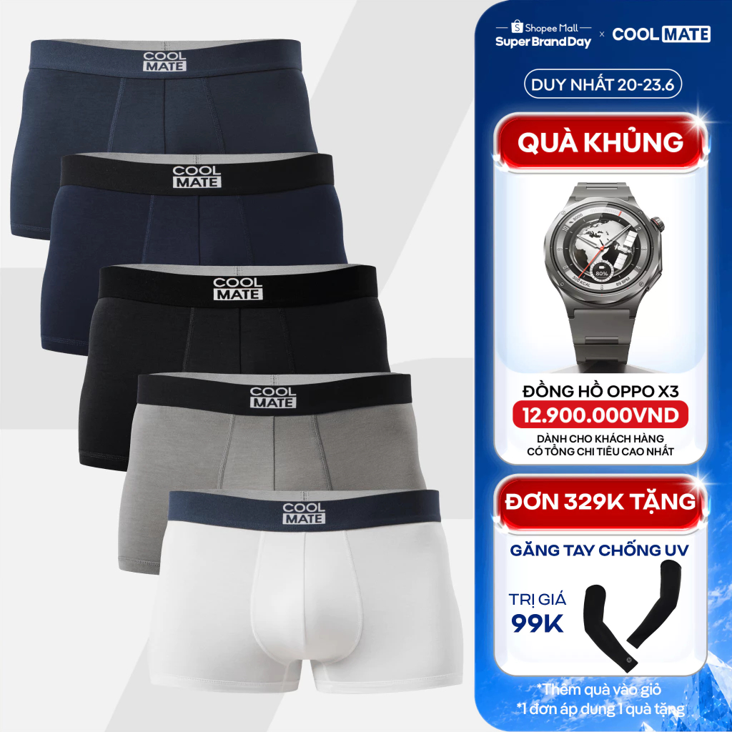 [GIÁ TỐT TRÊN LIVE][TẶNG QUÀ ĐƠN 329K]Combo 5 quần lót sịp nam trunk bamboo mềm mại, kháng khuẩn, khử mùi Coolmate