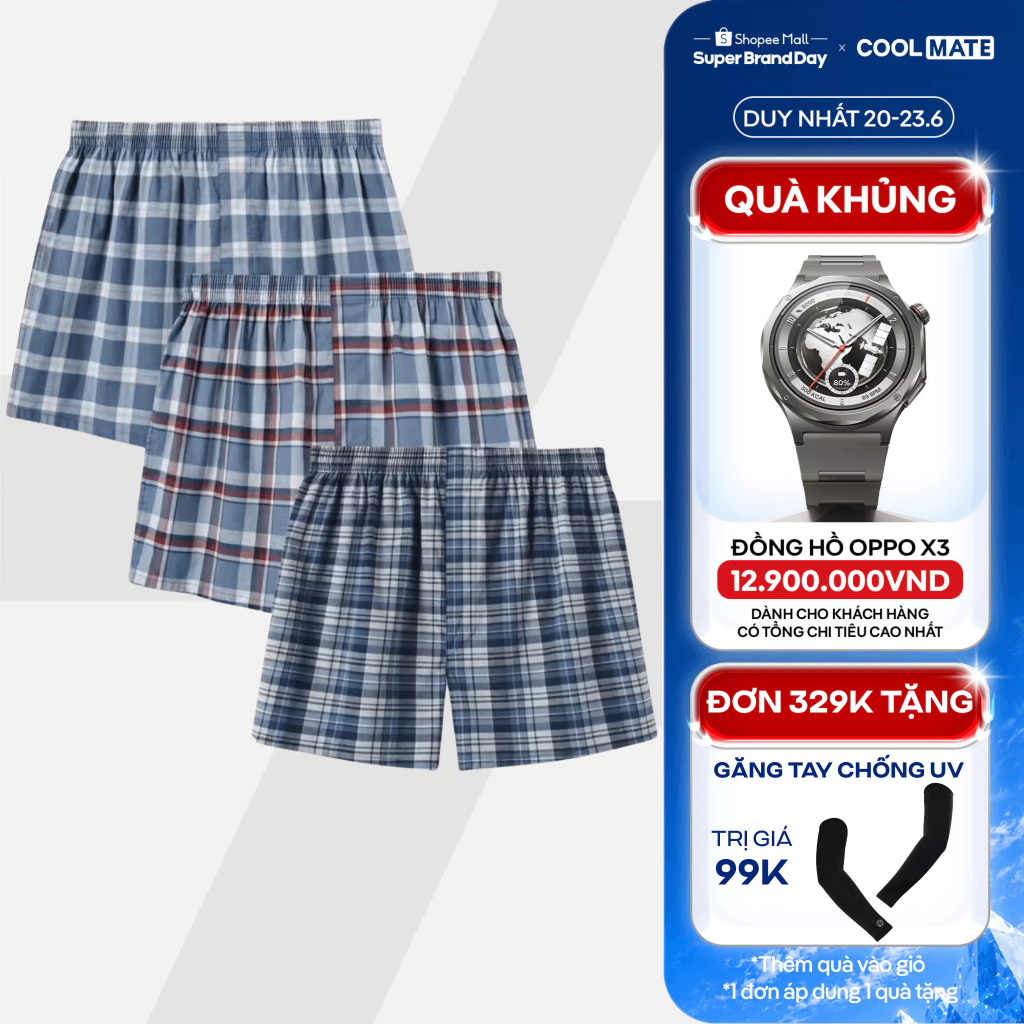 [TẶNG QUÀ ĐƠN 329K]Combo Pack 3 quần mặc nhà Boxer short Coolmate basics kẻ sọc [MÀU NGẪU NHIÊN]