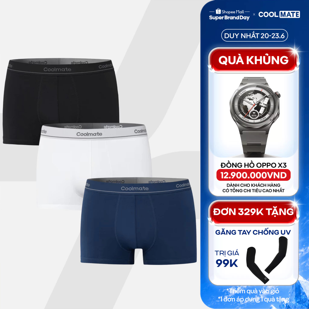 [TẶNG QUÀ ĐƠN 329K]Combo 3 Quần Lót Trunk Cotton Stretch vải mềm mịn, thấm hút, thoáng khi cạp dệt logo Coolmate