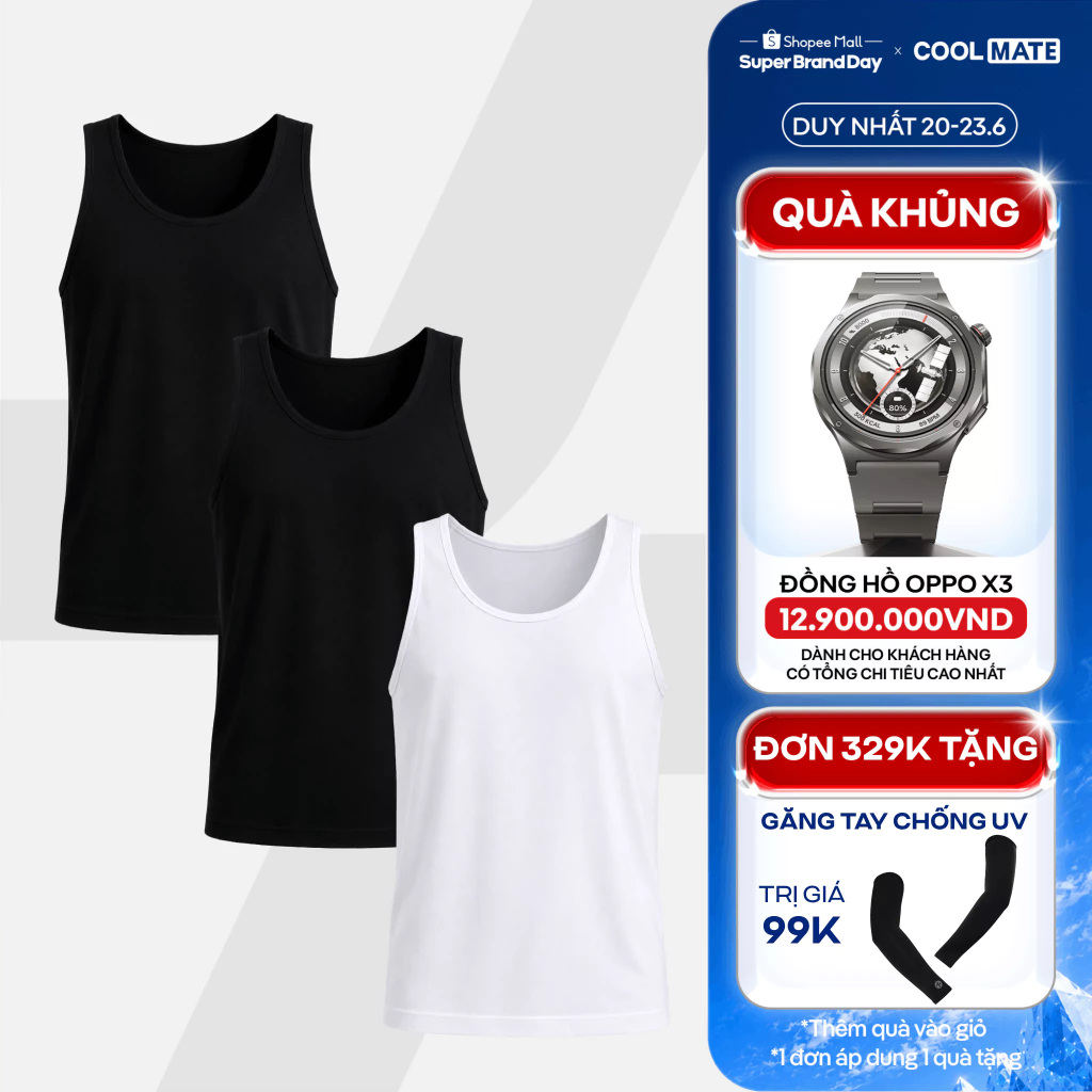 [TẶNG QUÀ ĐƠN 329K]Combo 3 Áo Tanktop nam Regular Fit Cotton poly 180gsm mềm mại, chất mát, thoáng khí Coolmate