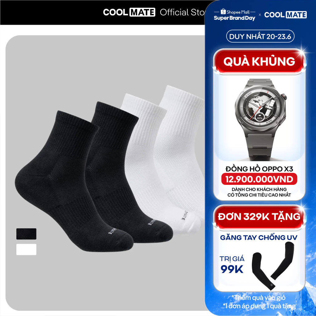 [TẶNG QUÀ ĐƠN 329K]Combo 2 đôi tất vớ nam Thể Thao Cổ Trung Cushion chất liệu cotton thoáng khí Coolmate