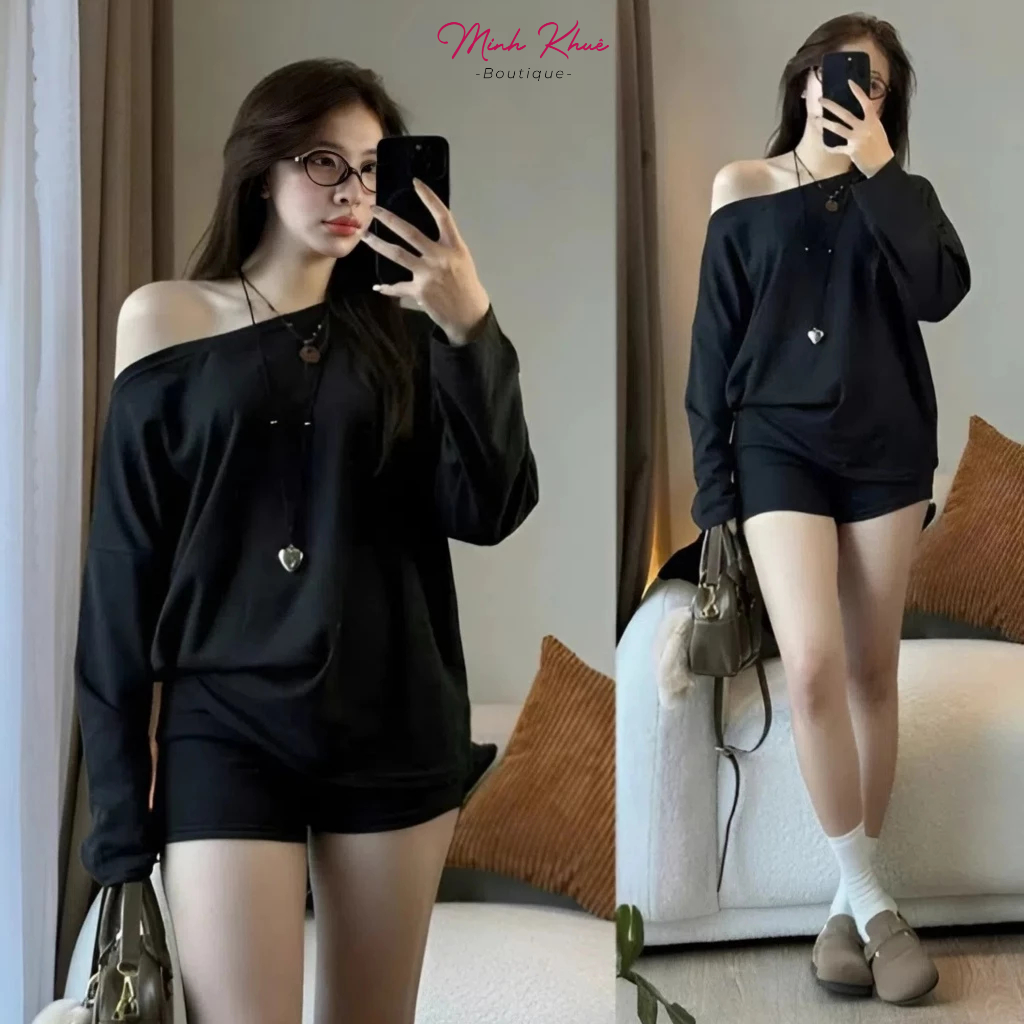 Áo Sweater Nữ Tay Dài Lệch Vai Thun Cotton Form Rộng DD154 Áo Trễ Vai Trendy Cá Tính Minh Khuê Boutique