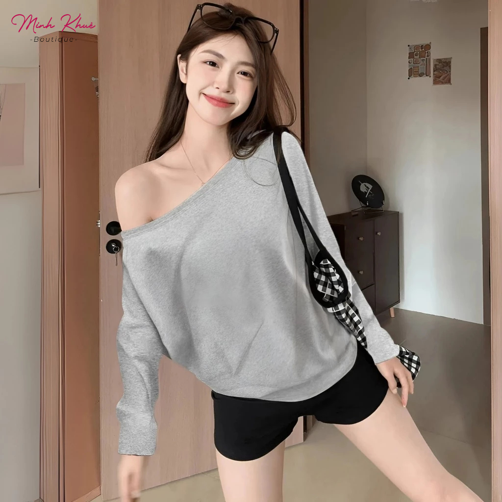 Áo Sweater Nữ Tay Dài Lệch Vai Thun Cotton Form Rộng DD154 Áo Trễ Vai Trendy Cá Tính Minh Khuê Boutique