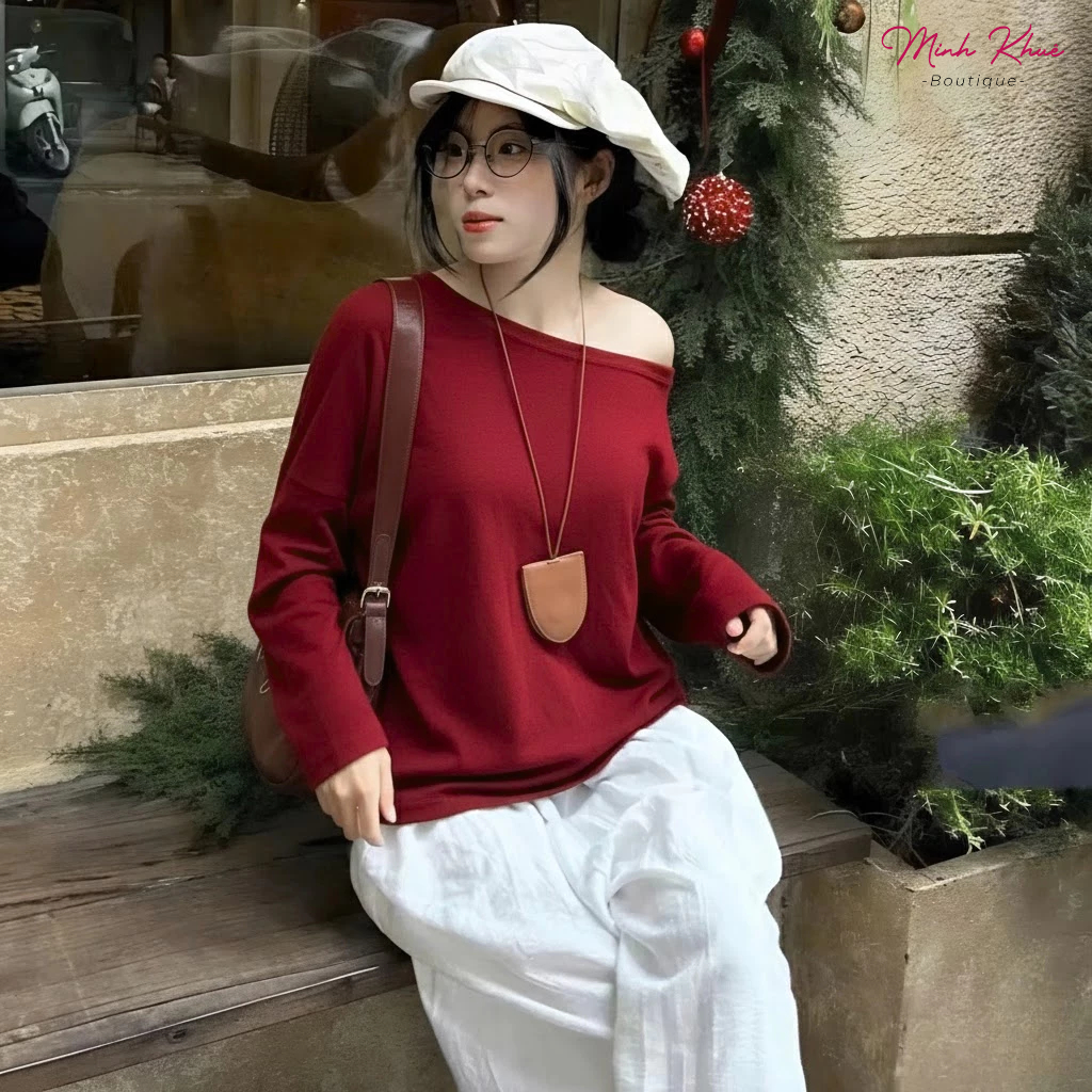 Áo Sweater Nữ Tay Dài Lệch Vai Thun Cotton Form Rộng DD154 Áo Trễ Vai Trendy Cá Tính Minh Khuê Boutique