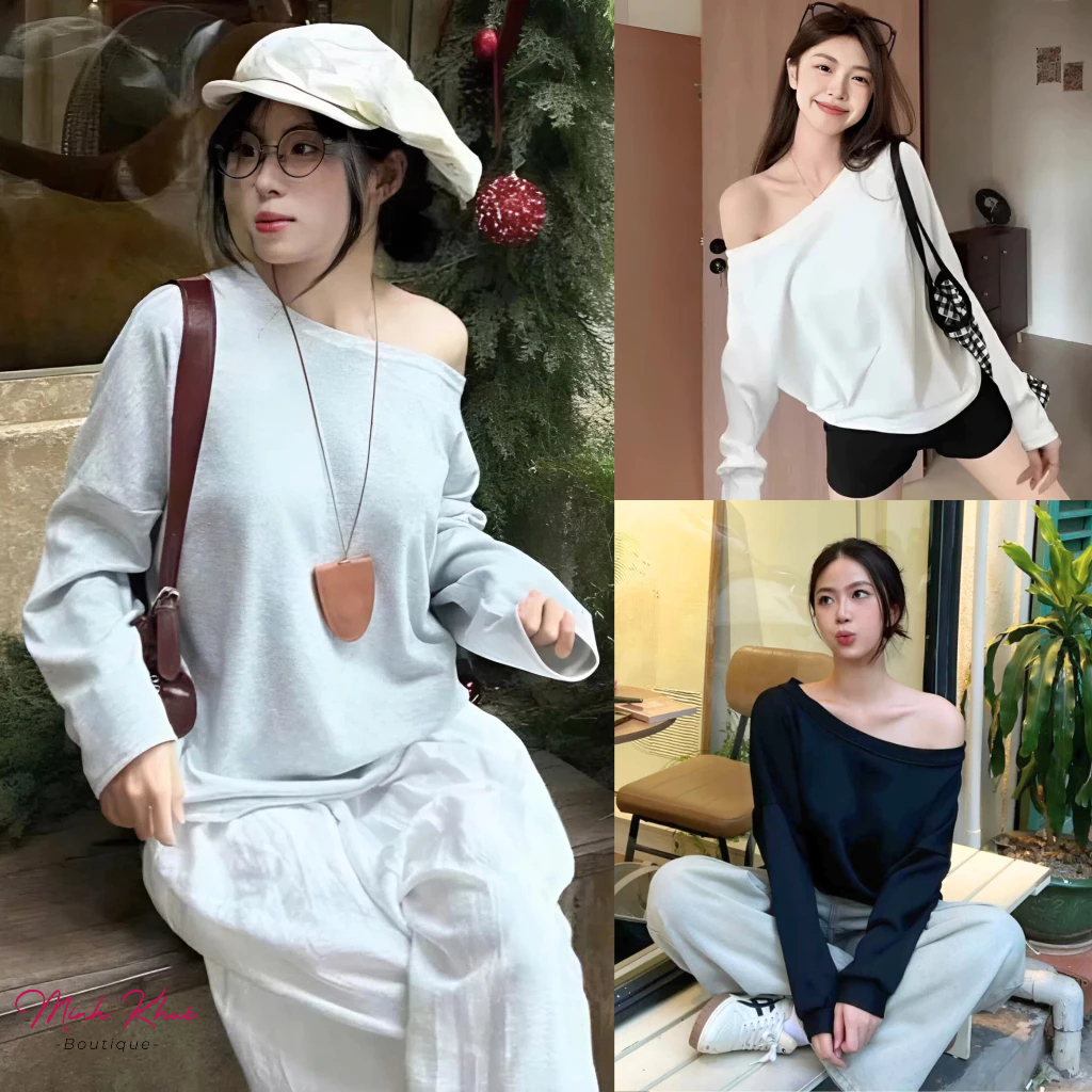 Áo Sweater Nữ Tay Dài Lệch Vai Thun Cotton Form Rộng DD154 Áo Trễ Vai Trendy Cá Tính Minh Khuê Boutique