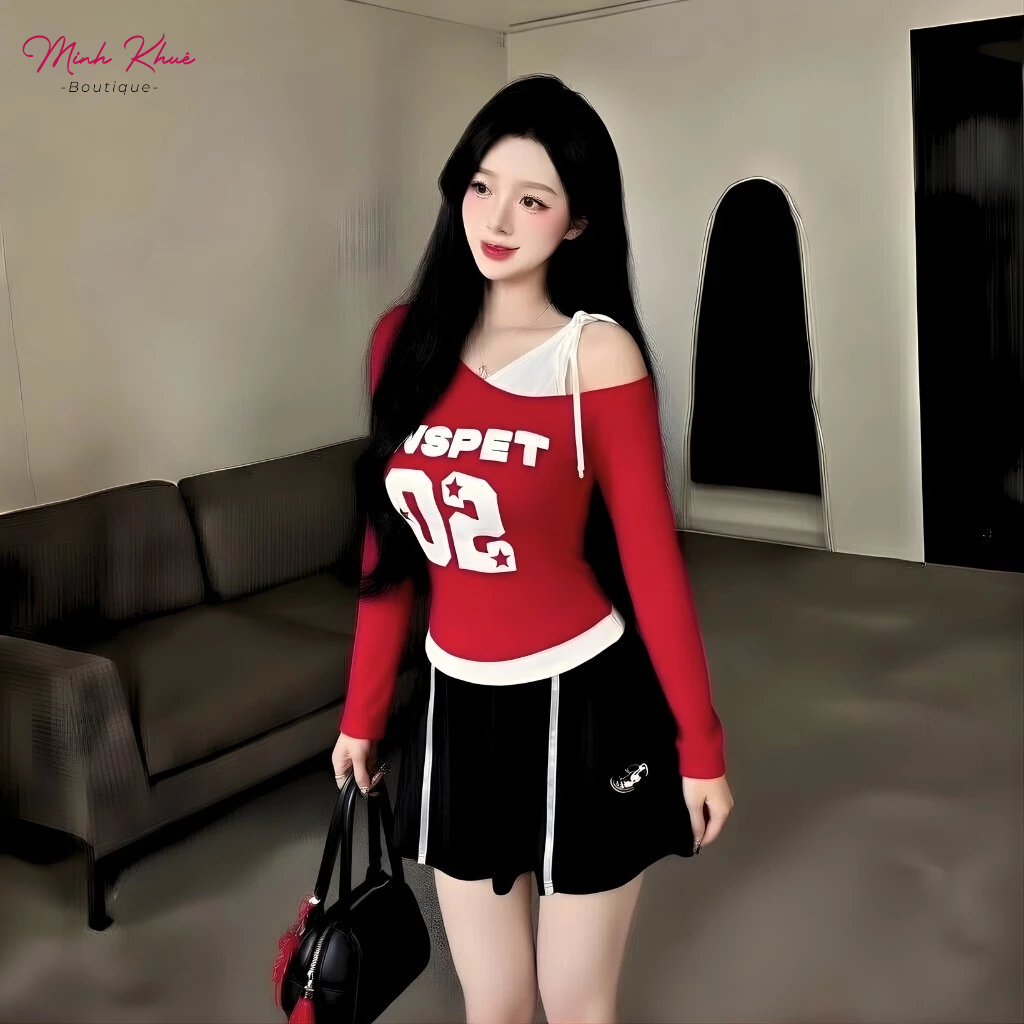 [Mở Bán] Áo Thun Nữ Tay Dài Lệch Vai Phối Yếm In 02 Thun Borip DD166 Ôm Body Phong Cách Minh Khuê Boutique