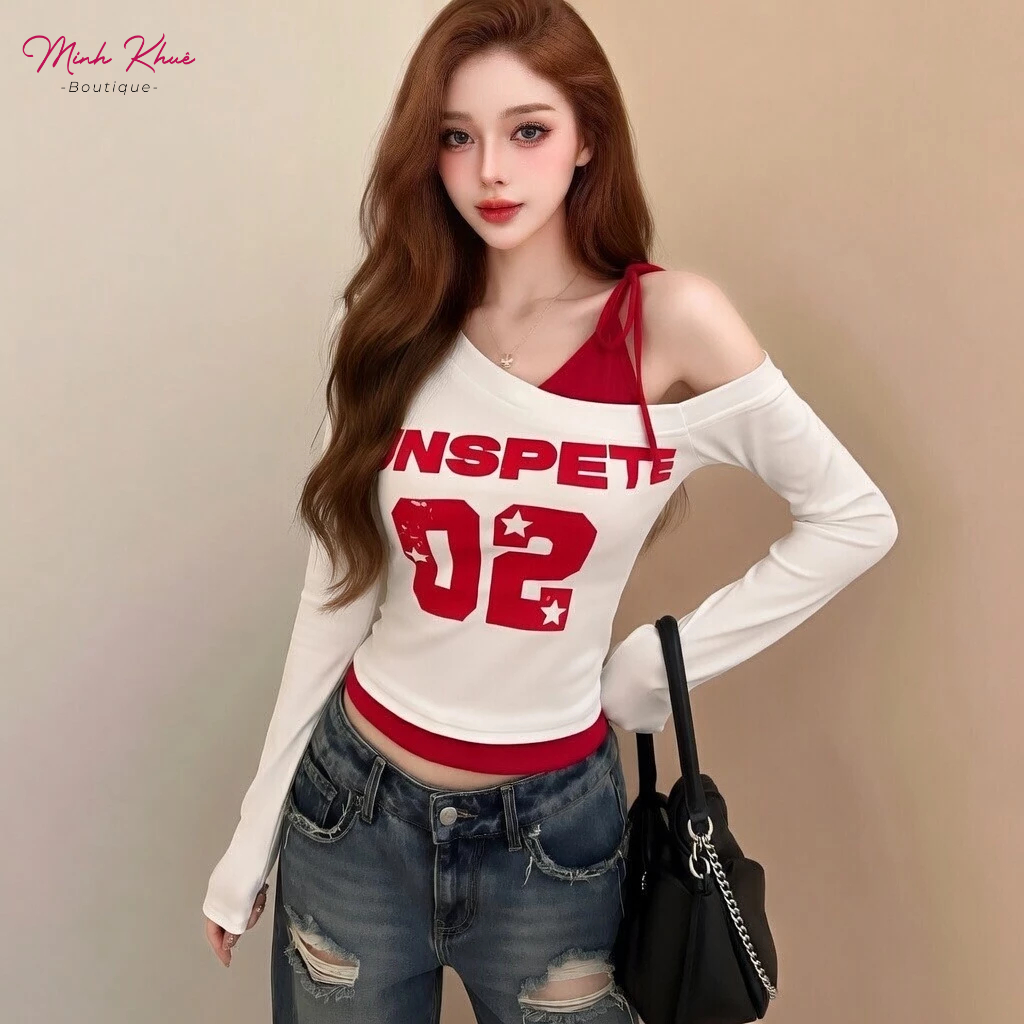 [Mở Bán] Áo Thun Nữ Tay Dài Lệch Vai Phối Yếm In 02 Thun Borip DD166 Ôm Body Phong Cách Minh Khuê Boutique