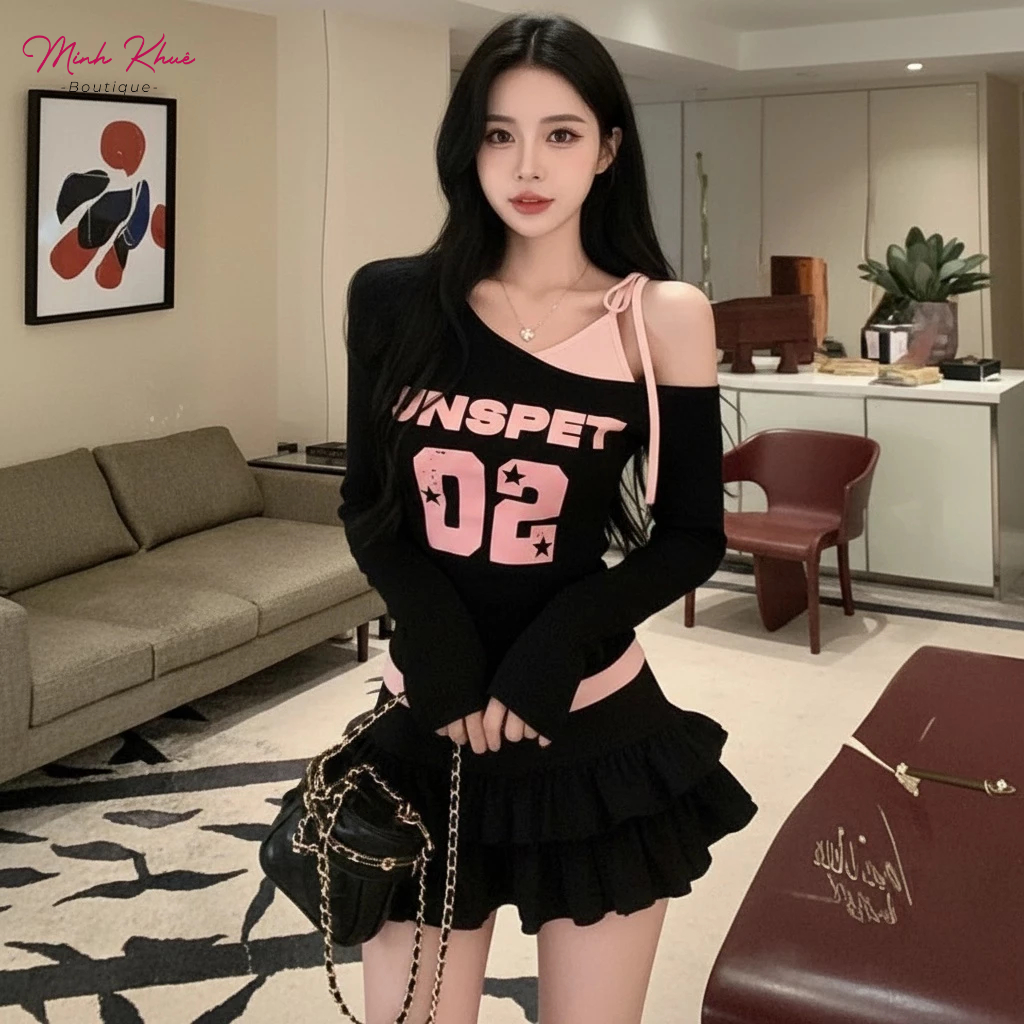 [Mở Bán] Áo Thun Nữ Tay Dài Lệch Vai Phối Yếm In 02 Thun Borip DD166 Ôm Body Phong Cách Minh Khuê Boutique