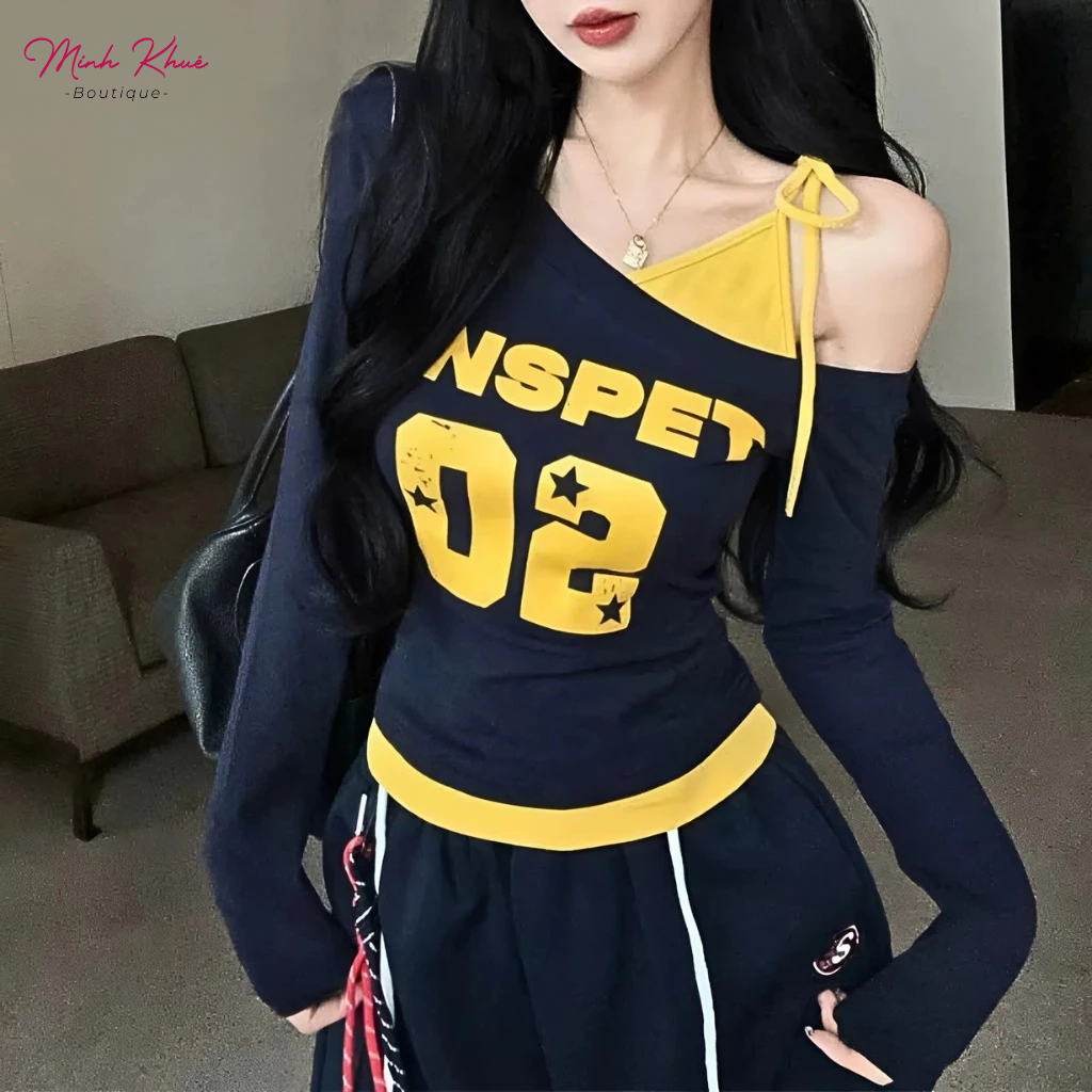 [Mở Bán] Áo Thun Nữ Tay Dài Lệch Vai Phối Yếm In 02 Thun Borip DD166 Ôm Body Phong Cách Minh Khuê Boutique