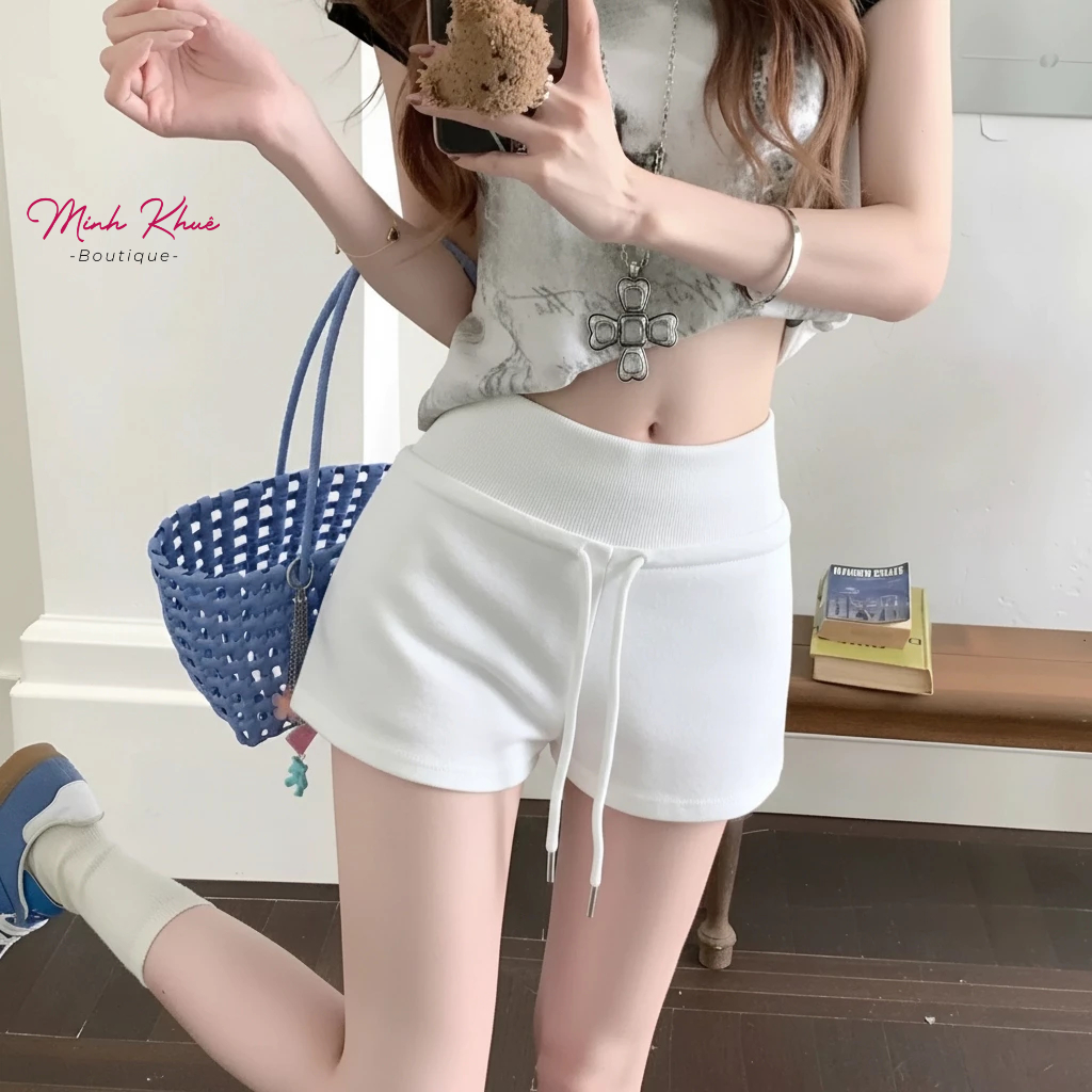 [Mở Bán] Quần Short Cạp Cao Bảng To Thun Nỉ Da Cá Có Dây Rút QU06 Quần Đùi Cạp Cao Minh Khuê Boutique