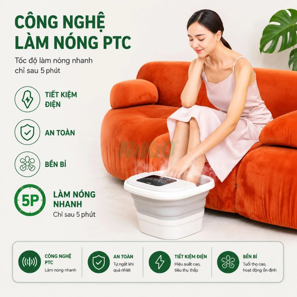 Bồn Ngâm Chân Gấp Gọn Massage Nhật Bản Nikio NK-193 - Tự Động Làm Nóng, Xoa Bóp Huyệt Đạo Bàn Chân
