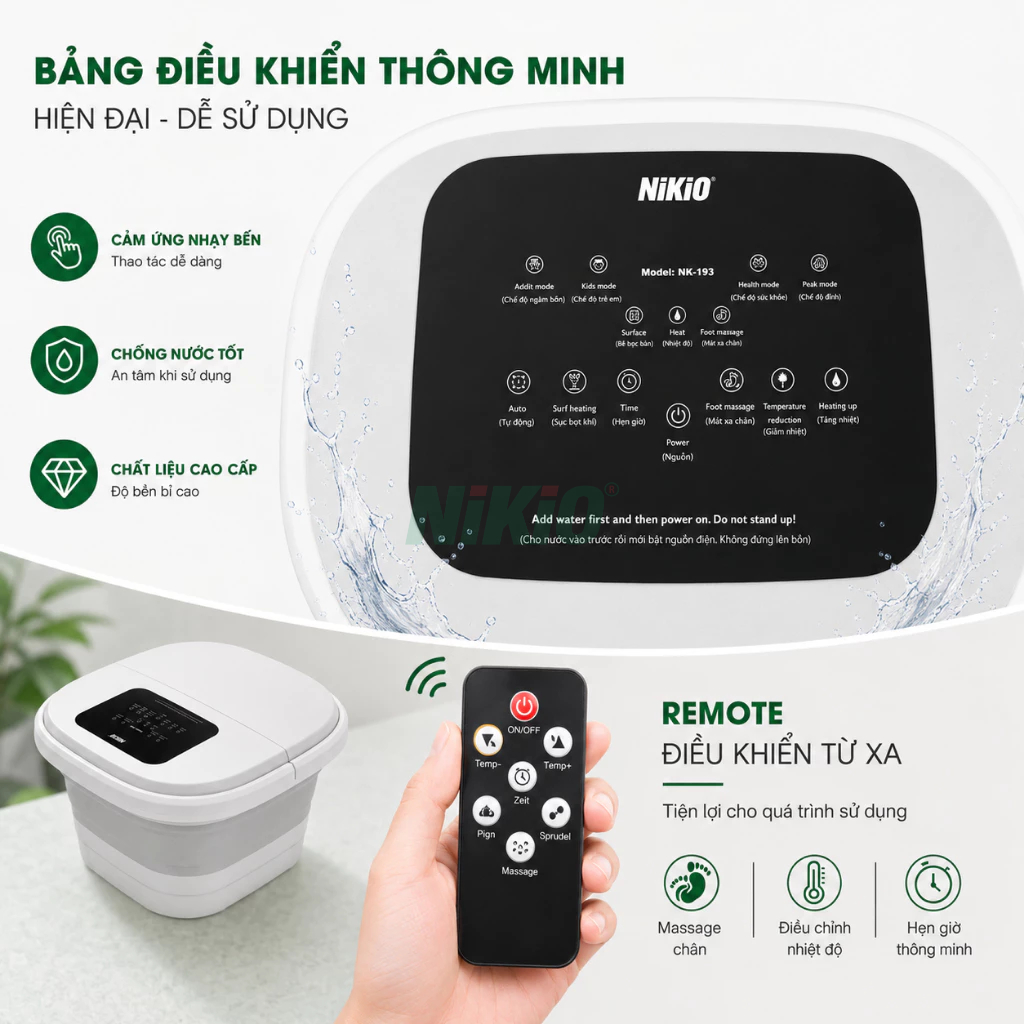 Bồn Ngâm Chân Gấp Gọn Massage Nhật Bản Nikio NK-193 - Tự Động Làm Nóng, Xoa Bóp Huyệt Đạo Bàn Chân