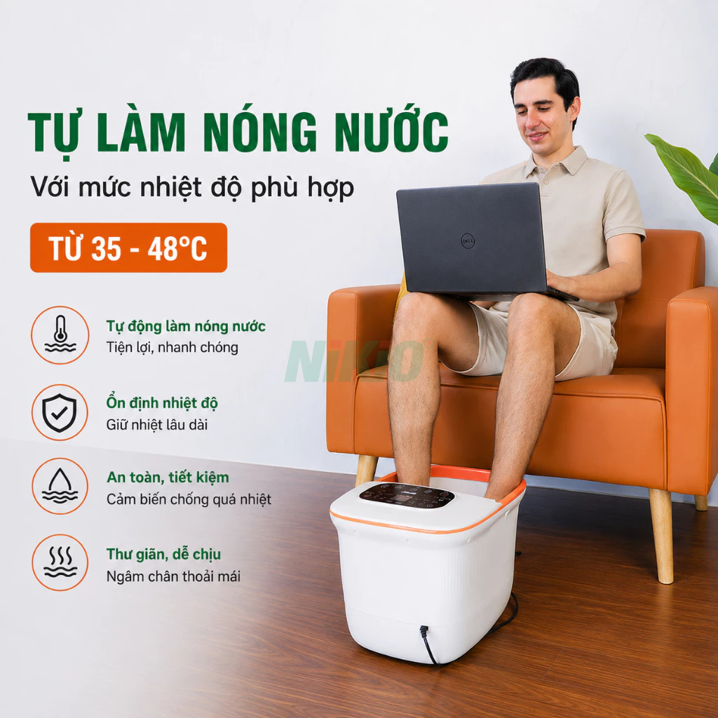 Bồn ngâm chân massage Nikio NK-195 - Chức năng làm nóng nước, con lăn massage xoay tự động