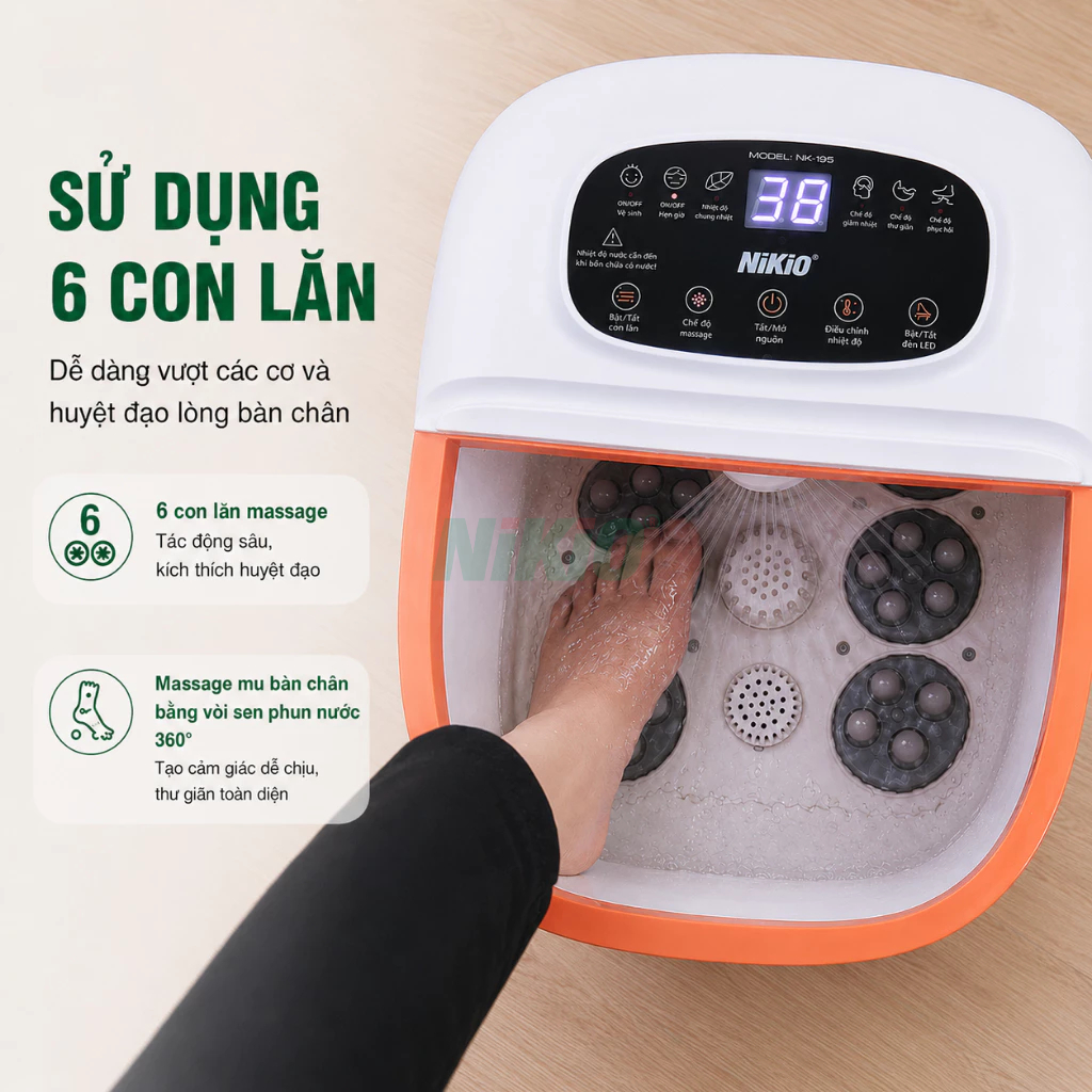 Bồn ngâm chân massage Nikio NK-195 NEW - Nhiệt độ điều chỉnh từ 35-48ºC, Con lăn tự động bấm huyệt