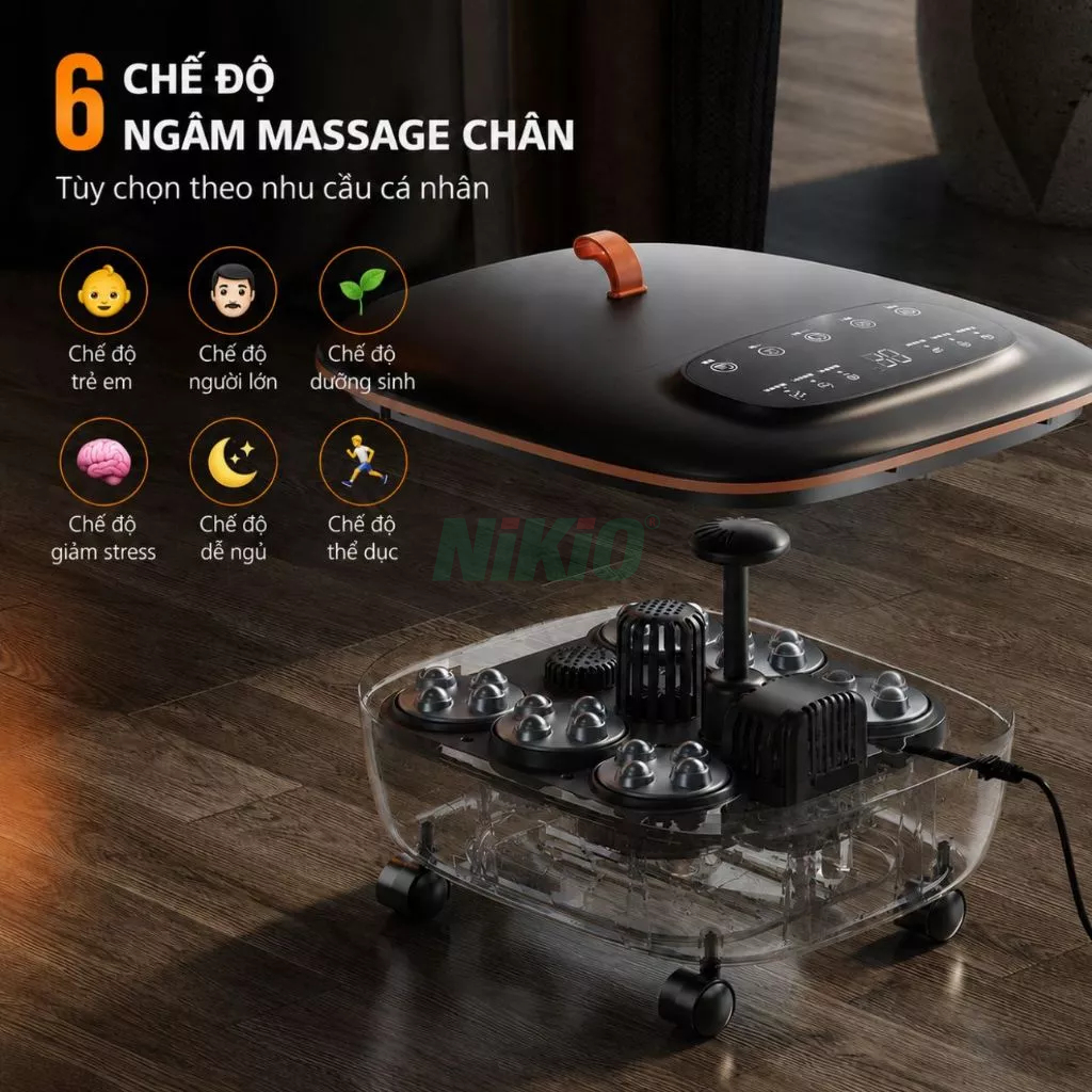 Bồn ngâm chân massage Nikio NK-195 NEW - Nhiệt độ điều chỉnh từ 35-48ºC, Con lăn tự động bấm huyệt