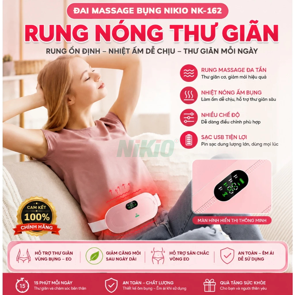Đai chườm nóng massage bụng và lưng Nikio NK-162 - Giảm đau bụng kinh, quà cho bạn gái, cho mẹ