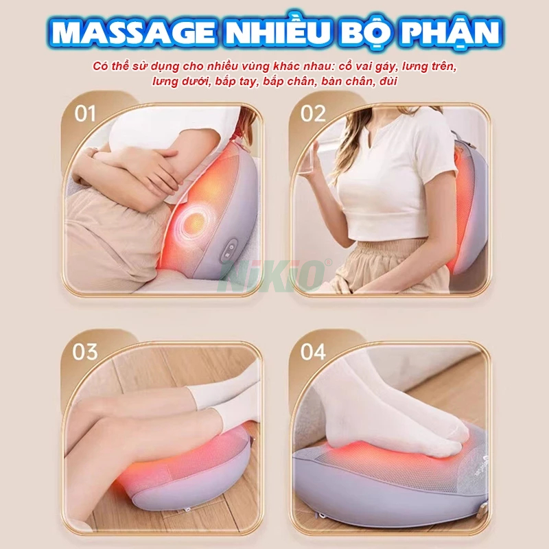 Gối Massage Lưng Đa Năng Nikio NK-137 - Pin Sạc, Con Lăn 6D Massage Thắt Lưng Chuyên Sâu