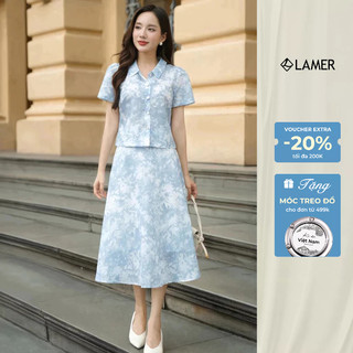 Áo nữ croptop cổ bẻ đính cúc phối Chân váy xoè tròn họa tiết loang LAMER L61H25H068 L62L25H016