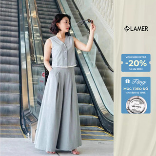 Áo Sát Nách Nữ Cổ Tim Phối Quần Suông Ống Rộng Khoá Sườn VIEN TRAN V65D25H037 V64W25H007