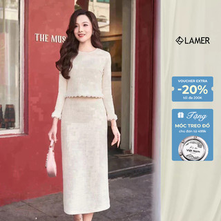Áo Len Nữ Dáng Croptop Cổ Tròn Phối Viền Lông Phối Chân Váy Len Xốp Dáng Suông LAMER S61B24T003 S62T24T001