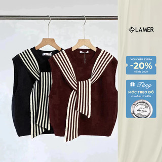 Áo Len Gile Nữ Phối Khăn Liền Kẻ Áo Len Sát Nách Dáng Suông N61W25Q040