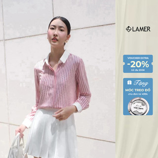 Áo sơ mi nữ dáng rộng cổ đức, phối màu kẻ hồng đỏ VIEN TRAN V61H25Q023