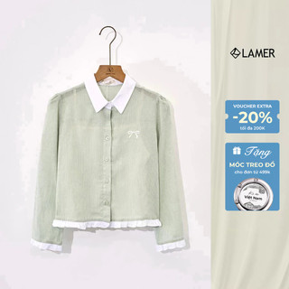 Áo Sơ Mi Nữ Kẻ Cổ Đức Áo Sơ Mi Croptop Dáng Suông Phối Bèo VIEN TRAN V61H25Q013