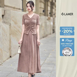 Áo Thun Nhún Thân Đính Cúc Phối Chân Váy Dáng Xòe Dài LAMER O61B25H001 O62L25H001