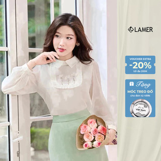 Áo Sơ Mi Nữ LAMER Dài Tay Dáng Suông, Áo Sơ Mi Lụa Công Sở Bèo Ngực Đính Hoa L61B24Q023