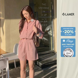 Áo sơ mi nữ cổ đức, dáng rộng cổ phối màu phối Quần short túi chéo ly bung VIEN TRAN V64S24H007, V61H24Q026