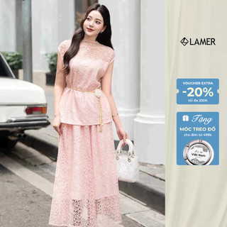 Áo ren vai chờm, dây eo phối Chân váy ren xòe, cạp chun, Thắt lưng rời LAMER L62L25H001, L61B25H005