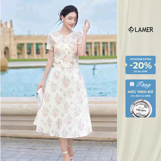 Áo sơ mi nữ LAMER họa tiết hoa cổ tròn phối Chân váy nữ dáng xòe L61H25H029, L62L25H006