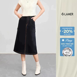 Chân váy jean dáng midi VIEN TRAN suông nắp túi giả V62T24Q006