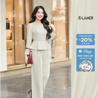 Áo Cổ Tròn Xoè Gấu Nơ Eo Phối Quần Ống Rộng Cạp Liền Ly Bung LAMER L61B25T011 L64W25Q010
