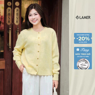 LAMER Áo Len Cardigan Dáng Suông Áo Khoác Len Dài Tay Cổ Tròn Len Thỏ Phối Cúc Đồng O65C25T010