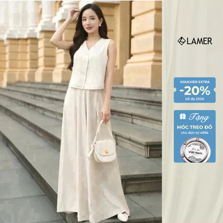 Áo Gile Sát Nách Cổ Tim Phối Quần Dài Ống Rộng Ly Súp VIEN TRAN O65D25H018 O64W25H006