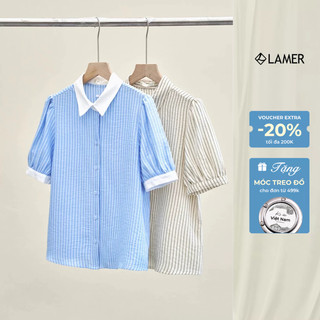 Áo Sơ Mi Nữ LAMER Cộc Tay Cổ Đức Họa Tiết Kẻ Sọc, Phối Màu Công Sở V61H26H007