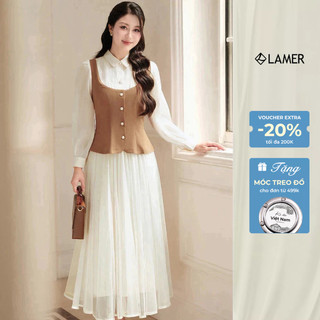 Áo Sơ Mi LAMER Phối Giả Gile Dáng Ôm Phối Chân Váy Xòe Phủ Lưới Trắng Kem L61H25Q001, N62L25Q019