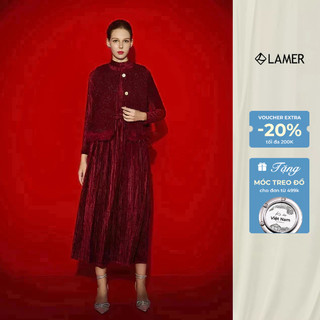 Đầm Nhung Dập Ly Xoè Dài Cổ 3 Phân, Áo Khoác Gile Phối Gấu Long Vũ LAMER L63M25T004 L65G25T019