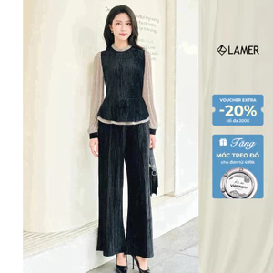 Áo peplum cổ bèo phối tay Phối Quần nhung ống rộng cạp chun LAMER L61B25T013 L64W25T002