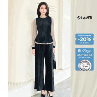 Áo peplum cổ bèo phối tay Phối Quần nhung ống rộng cạp chun LAMER L61B25T013 L64W25T002